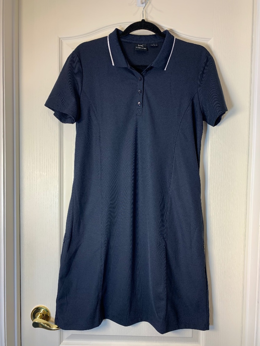 TCHAK Women’s Golf Polo Dress Navy Blue White Trim Pockets Tennis Pickleball  L